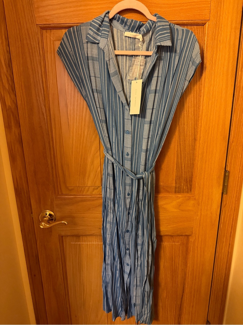 Lush Blue Striped Midi Shirt Dress with Waist Tie